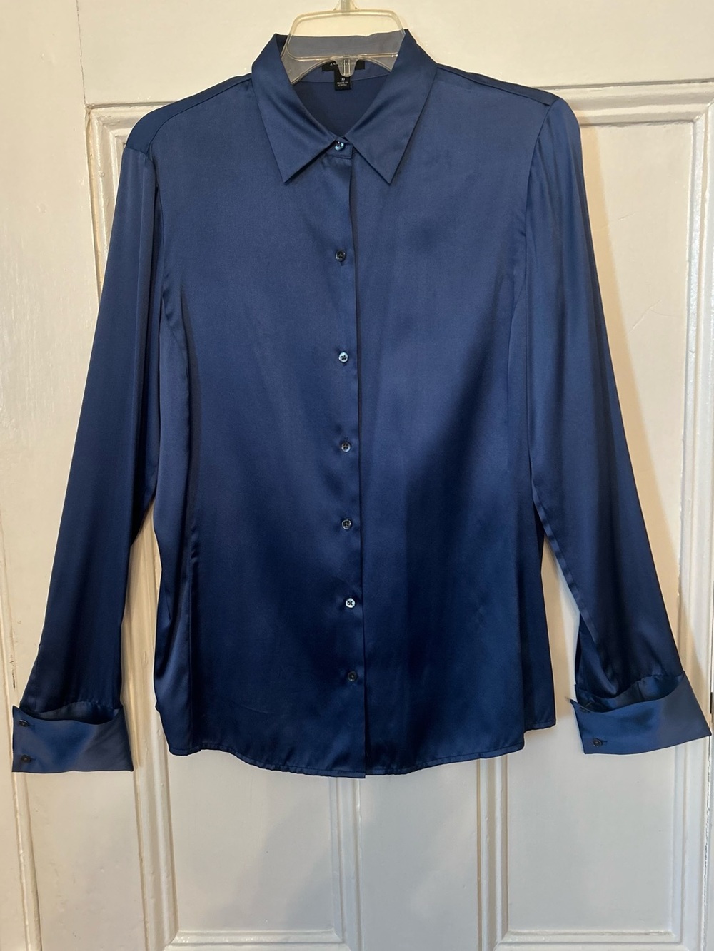 Ann Taylor Satin Button-Down Blouse in Navy Blue